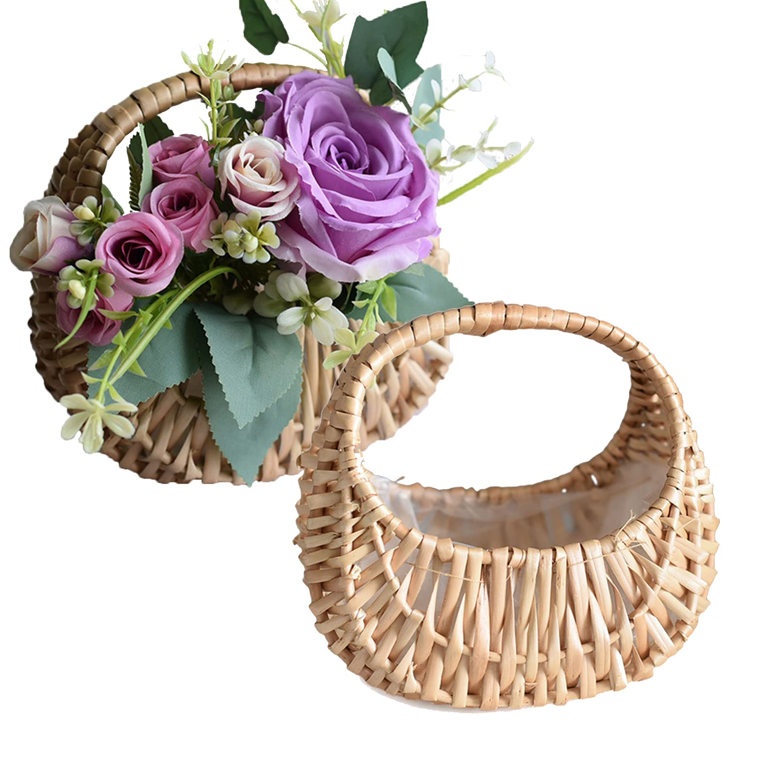 MSUIINT 2PCS Woven Wicker Flower Basket,Hand-Held Flower Arrangement Basket Hand-Woven Flower Pot,Wedding Flower Girl Baskets for Home Garden Decor