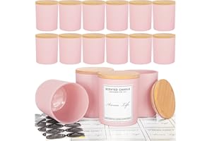 Creahaus 10oz, 16 Pack Thick Candle Jars with Bamboo Lids for Making Candles, Bulk Pink Empty Glass Candle Containers & Sticky Labels, Warming Labels Kit, Heat Resistant Candle Vessels