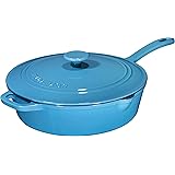 Enameled Cast Iron Skillet Deep Sauté Pan with Lid, 12 Inch, Turquoise Blue with Enameled Black Interior, Superior Heat Reten