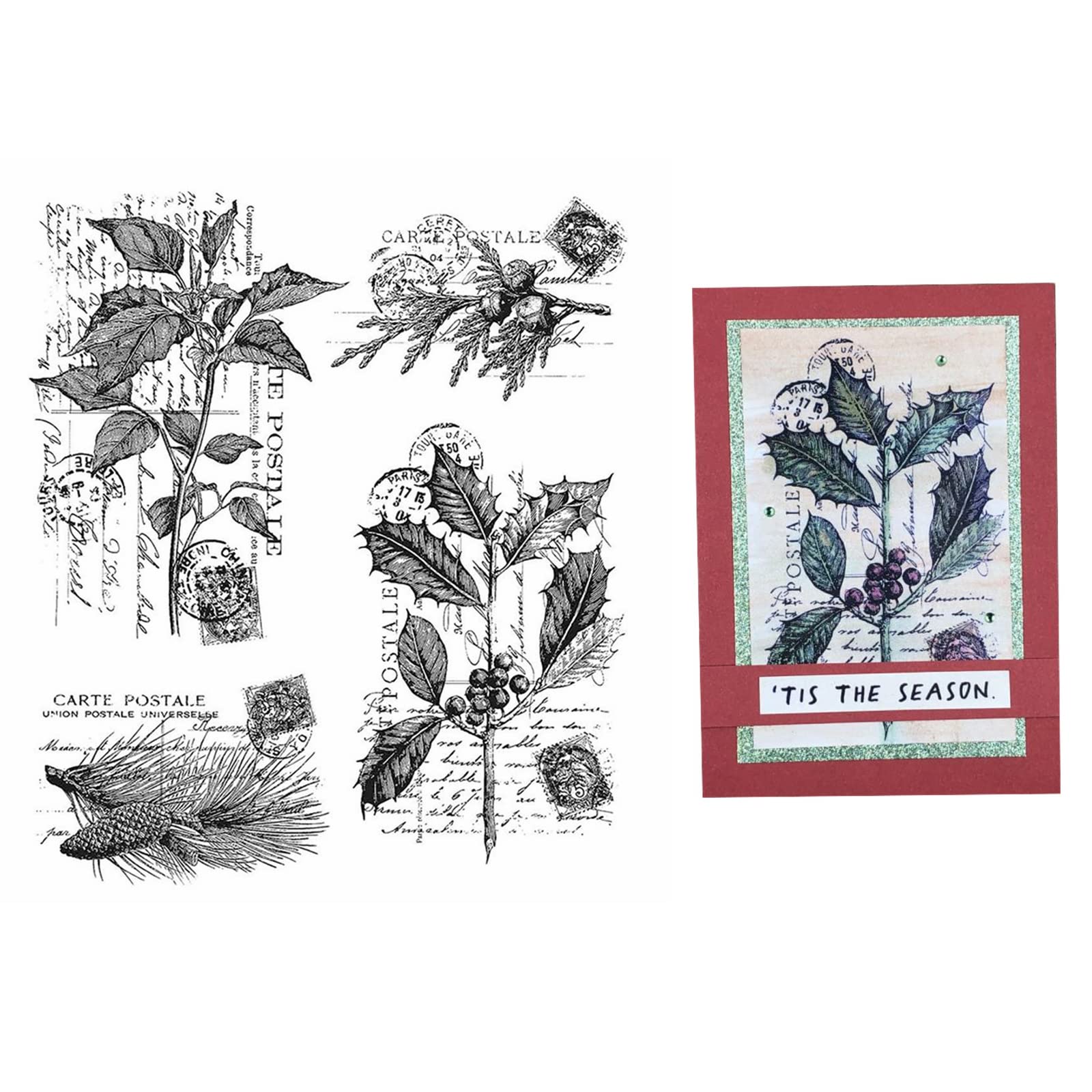 Pine Leaves, Mistletoe, Poinsettia, Pinecones Christmas Leaves Retro Postmark Letters Silicon Clear Stamps for DIY Scrapbooking Embossing Craft Gift Card Album Card-Making