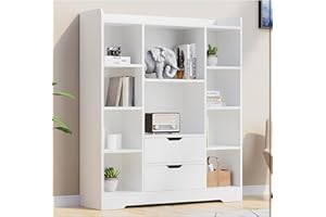Modern 47" Bookshelf with 2 Storage Drawers & 10 Open Shelves | 39" Wide Display Cabinet for Home Office & Living Room | Adju
