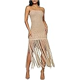 MakeMeChic Women's Crochet Strapless Tube Dress Backless Fringe Bodycon Cocktail Maxi Dresses