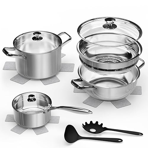 12-Piece Stainless Steel Pots and Pans Set, Induction Pots and Pans Set with Steamer & Glass Lids, Kitchen Cookware Set with Utensil Set Pot Protectors, Suitable for All Stovetops