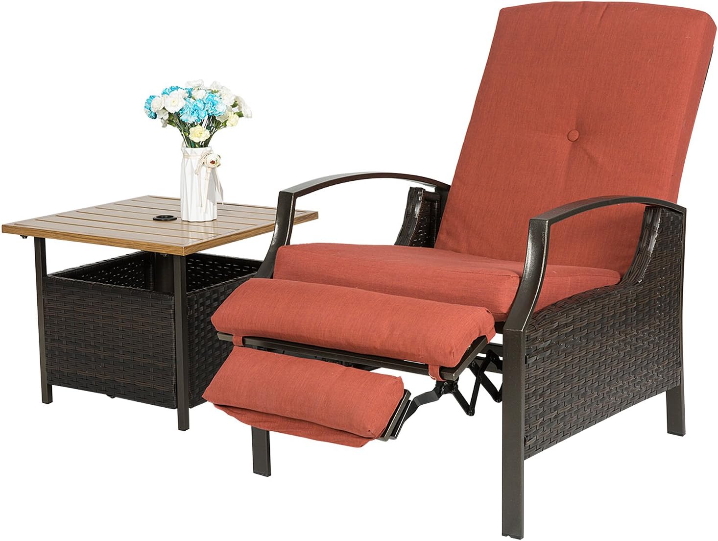 AbocoFur Patio Wicker Adjustable Recliner Chair, Outdoor Relaxing Lounge Chair with Thick Removable Cushion, Steel Frame Rattan Sofa for Garden, Backyard, Porch, Water Resistant, Red: Kitchen & Dining