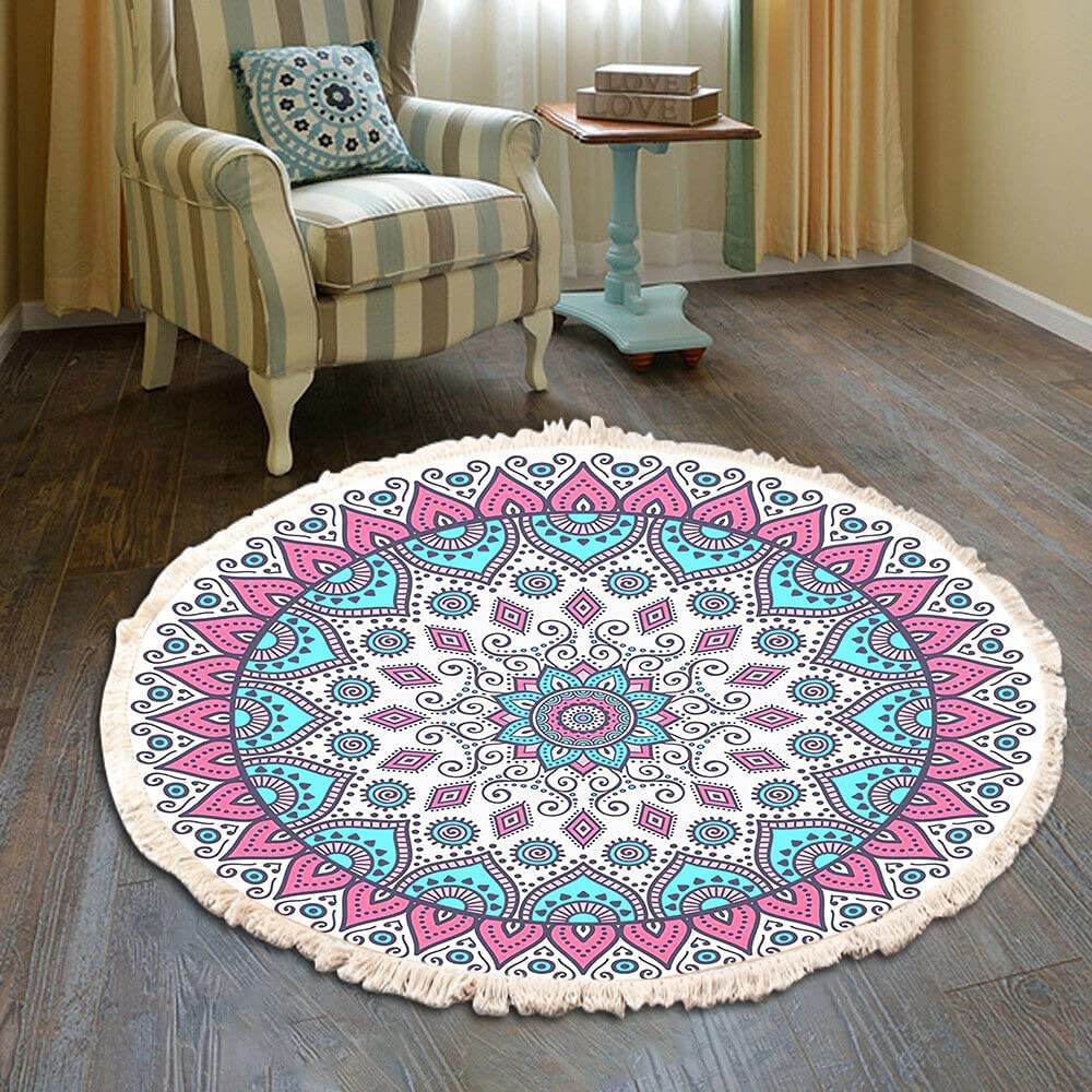 Duories Vintage Boho Cotton Rugs, Mandala Pattern, Washable Hand Woven Bohemian Round Rug with Tassels for Bedroom, Hallway, Living Room, Coffee Table, Doormats, Machine Washable, 60 cm, Flowers #22 — image 1