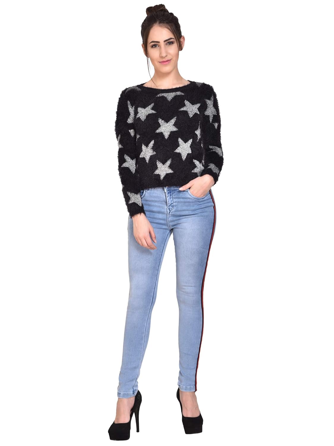 mansicollections fuzzy silver star black full sleeves sweater for women