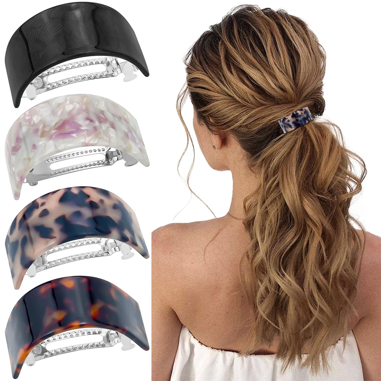 4Pcs Tortoise Shell Hair Clips Ponytail Holder Cuff Semi Circle Hair Barrettes French Snap Closure Spring Clamp Metal Elegant Hair Accessories for Women