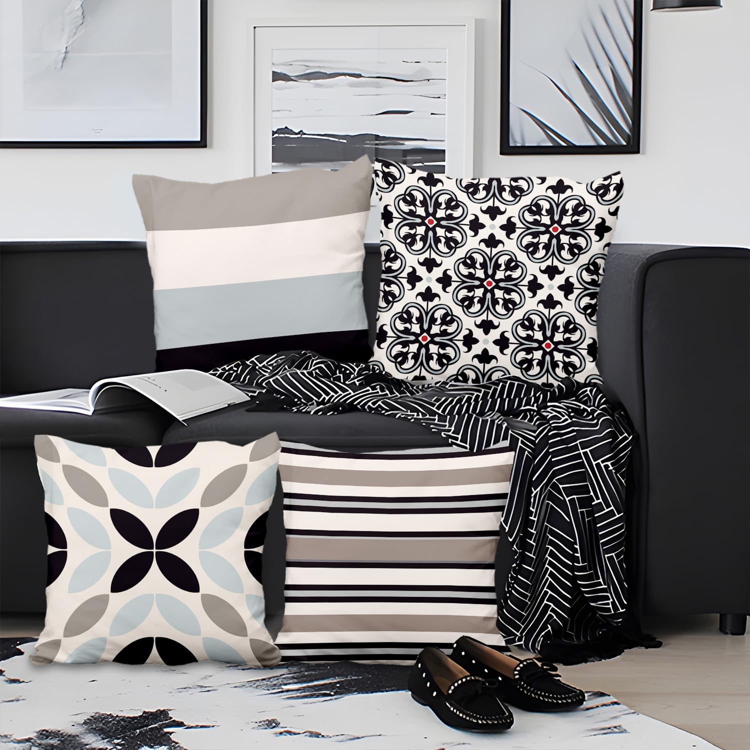 Aoihrraan Geometric Cushion Covers Set of 4, White Grey Blue Throw Pillow Covers Blue Black Floral Stripe Soft Short Plush Square Pillowcase for Sofa Couch Bedroom Car Chair Home Decor 20"x20"