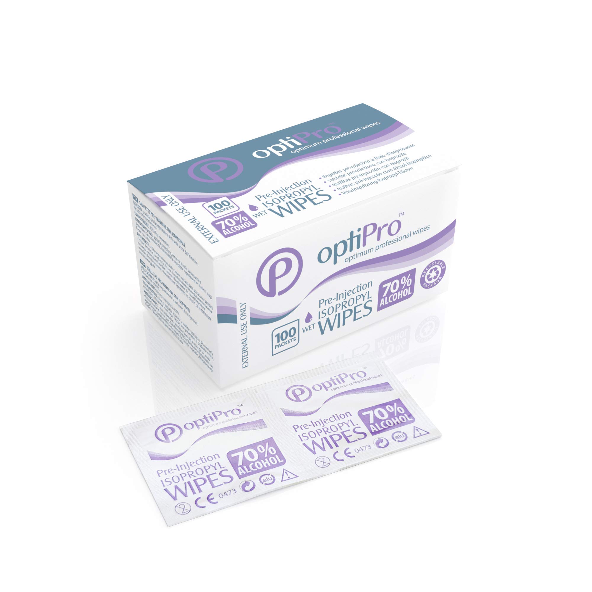 OptiPro Pre-Injection Wipes (x100) - Individually Wrapped Disposable Medical Skin Cleaning Easy-Tear 70% Isopropyl Alcohol Sachet (100 Wipes) (Packaging May Vary) (100 Wipes)