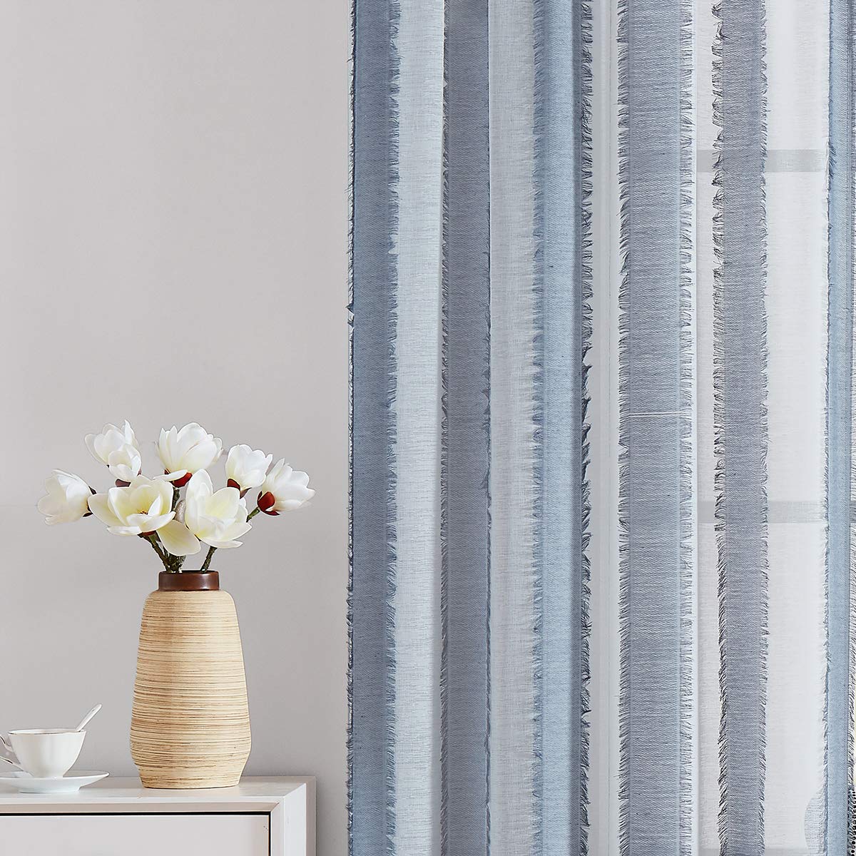 Fragrantex White and Steel Blue Striped Farmhouse Curtains 84 inches Long for Living Room Eyelash Décor Boho Window Voile Draperies for Bedroom/Patio/Nursery, 38" Wx84 L 2 Panels,Rod Pocket