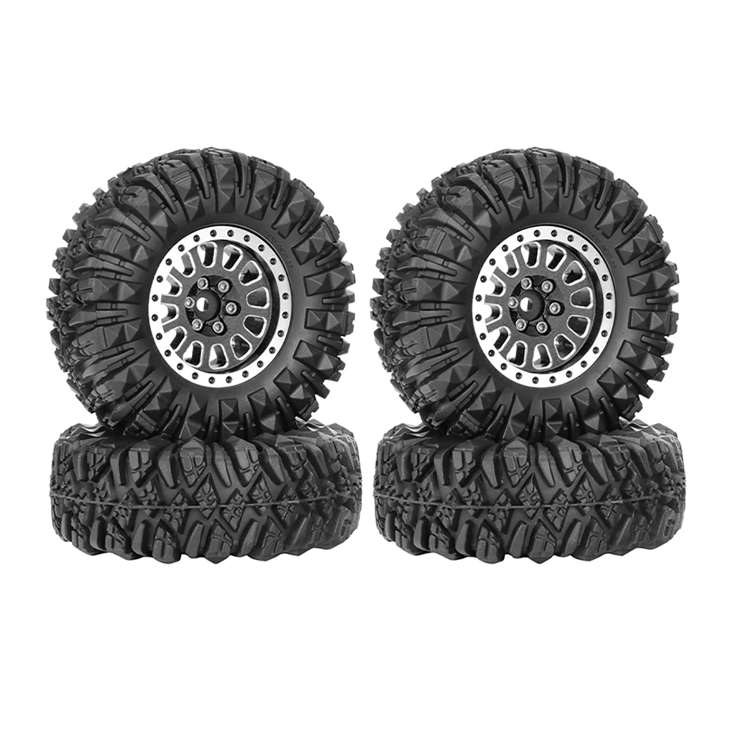 KINGCOO 4PCS 1.33" Aluminum Alloy Beadlock Wheel Rims All-Terrain Tyre 70mm Rubber Tires Set with 5mm & 7mm Hex for 1/12 1/14 1/18 1/24 RC Rock Crawler Car Upgrade Parts (B-Black)