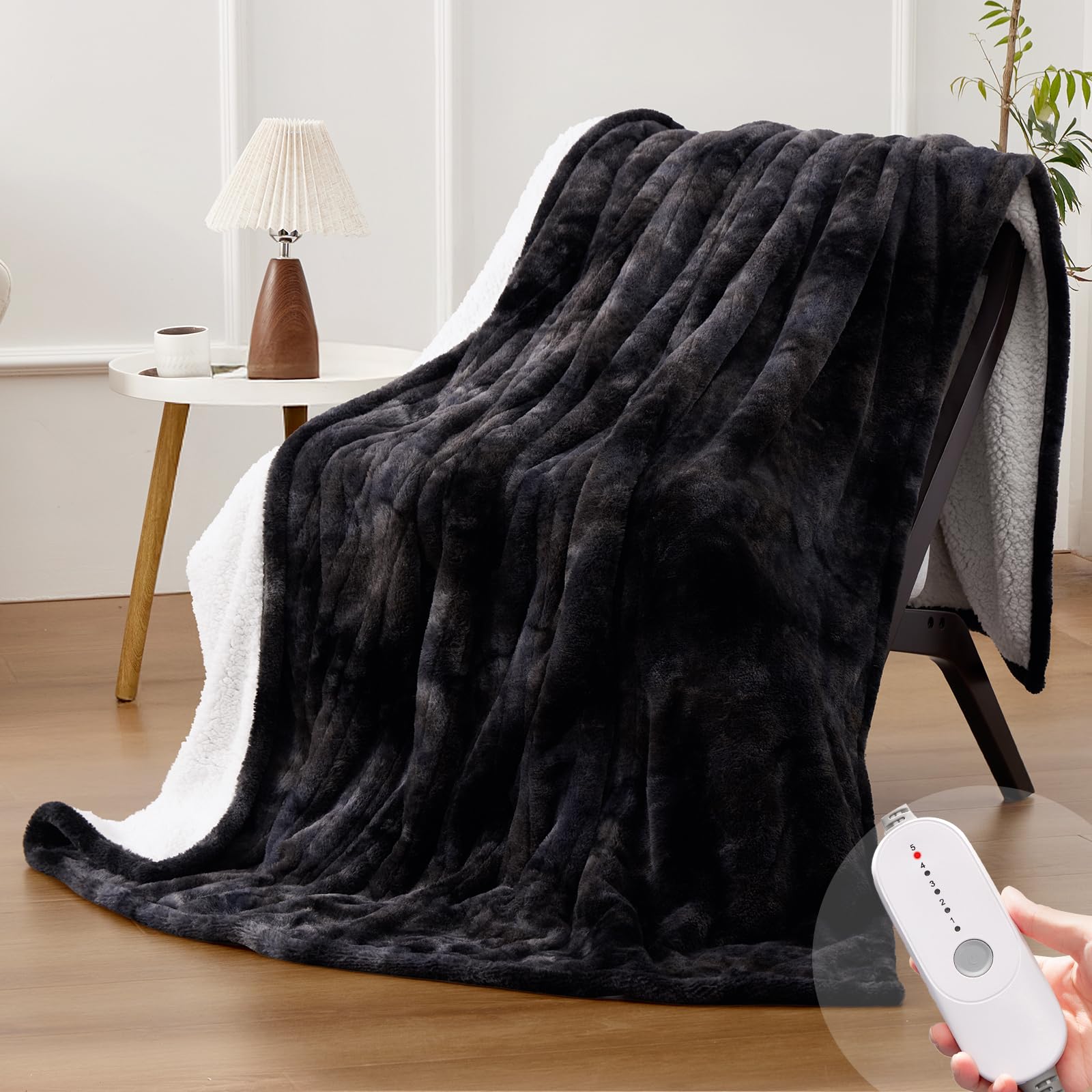 Photo 1 of HYLEORY Thick Faux Fur Heated Blanket Twin - Soft Flannel Electric Blanket with 5 Heating Levels & Auto Off 10 Hrs, Fluffy Cozy Warm Couch Bed Blankets for Winter Halloween Decor, 62''x84'', Black