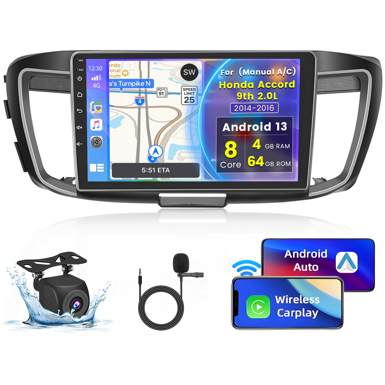 Photo 1 of [8 Core 4G+64G] Radio for Honda Accord 9th 2.0L (Manual A/C) 2014 2015 2016, 10.1 Inch Touch Screen for Accord with Wireless Carplay