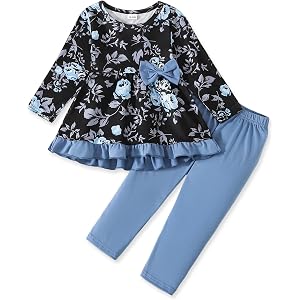 AuralBabe Toddler Girl Clothes 1-6Y Girls Fall Winter Outfits 2 Piece Ruffle Sleeve Top Flower Legging Printed Pants Set