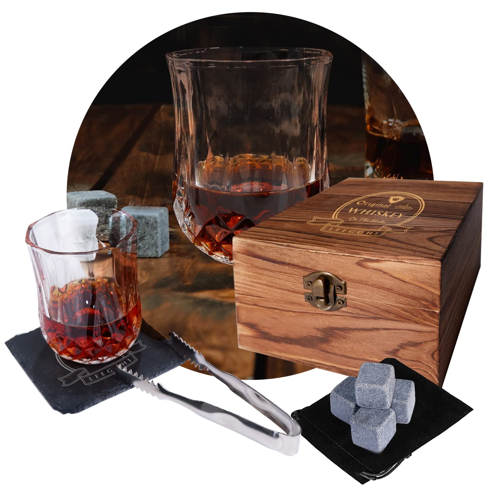 Whiskey Stones and Glass Gift Set, 4 Granite Chilling Stone and Whisky Glass in Wooden Box, Whiskey Gift Set with Ice Tongs, Slate Coasters, Alcohol Gift for Men/Dad/Christmas/Husband/New Home Gifts