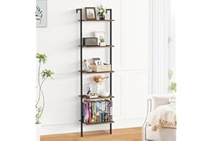 ABTOR 5-Tier Ladder Shelf Bookcase, Ladder Shelves, DIY Wall Mounted Ladder Bookshelf, Wooden Storage Shelves for Home Office, Bedroom, Living Room, Collection, Plant Flower,Vintage Color Black