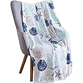 Ocean Life Coastal Throw Blanket: Soft Plush Velvet Fleece Calming Hues of Blues Beige on White, Accent for Sofa Couch Chair Bed or Dorm (Coastal Shells)