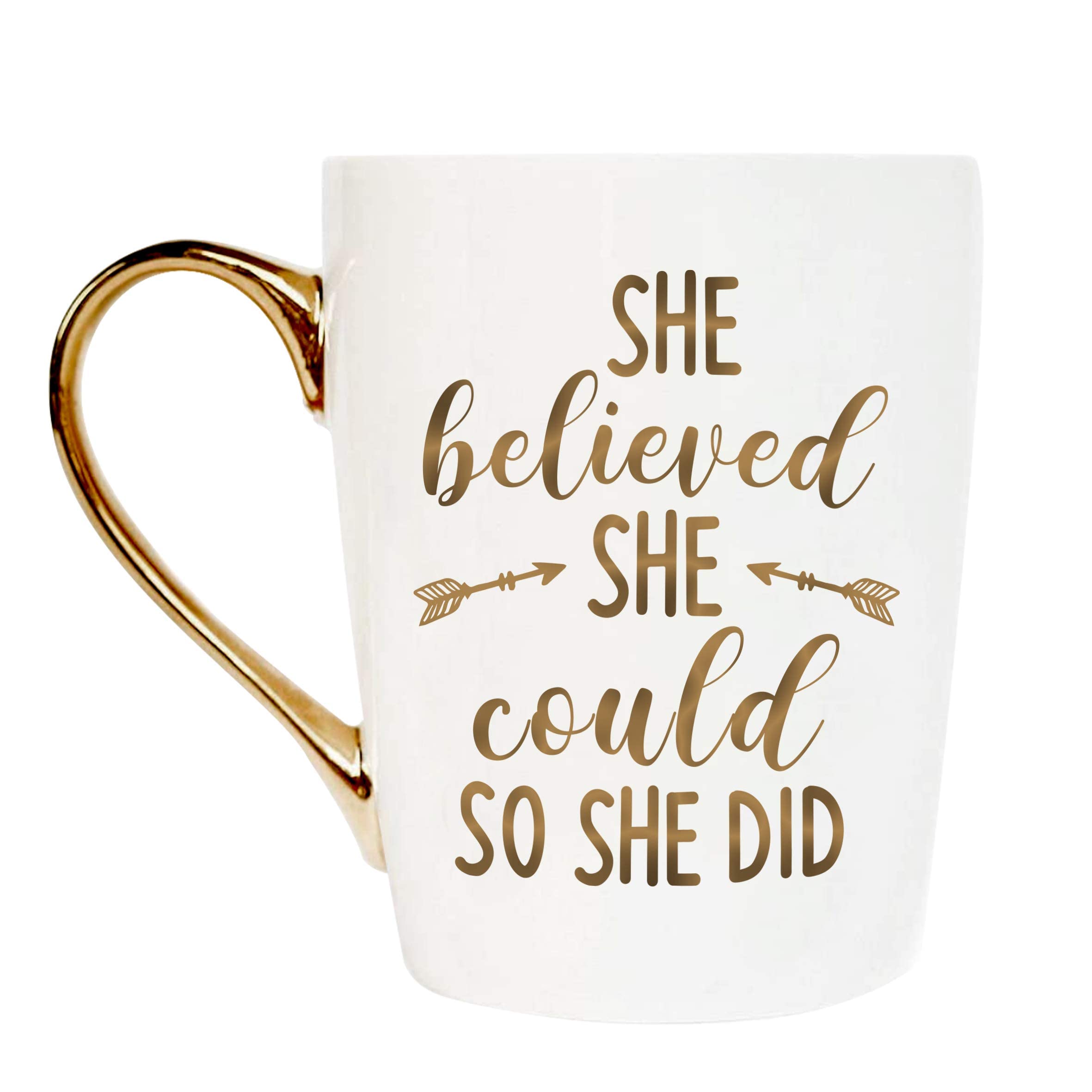 Novaova Inspirational Gold Ceramic Coffee Tea Cup She Believed She Could So She Did Coffee Mug for Her Girl Best Friend Sister Graduation Birthday Christmas Friendship Motivational Gift…