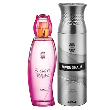 Ajmal Desert Rose EDP Floral Oriental Perfume 100ml for Women and Silver Shade Homme Deodorant Citrus Woody Fragrance 200ml for Men+ 2 Parfum Testers FREE