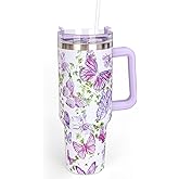 Whaline 40oz Purple Butterfly Tumbler with Handle Straw and Lid Green Leaves Flower Butterfly Travel Tumbler Coffee Cup Gift for Women Friend Holiday Birthday Party Favors