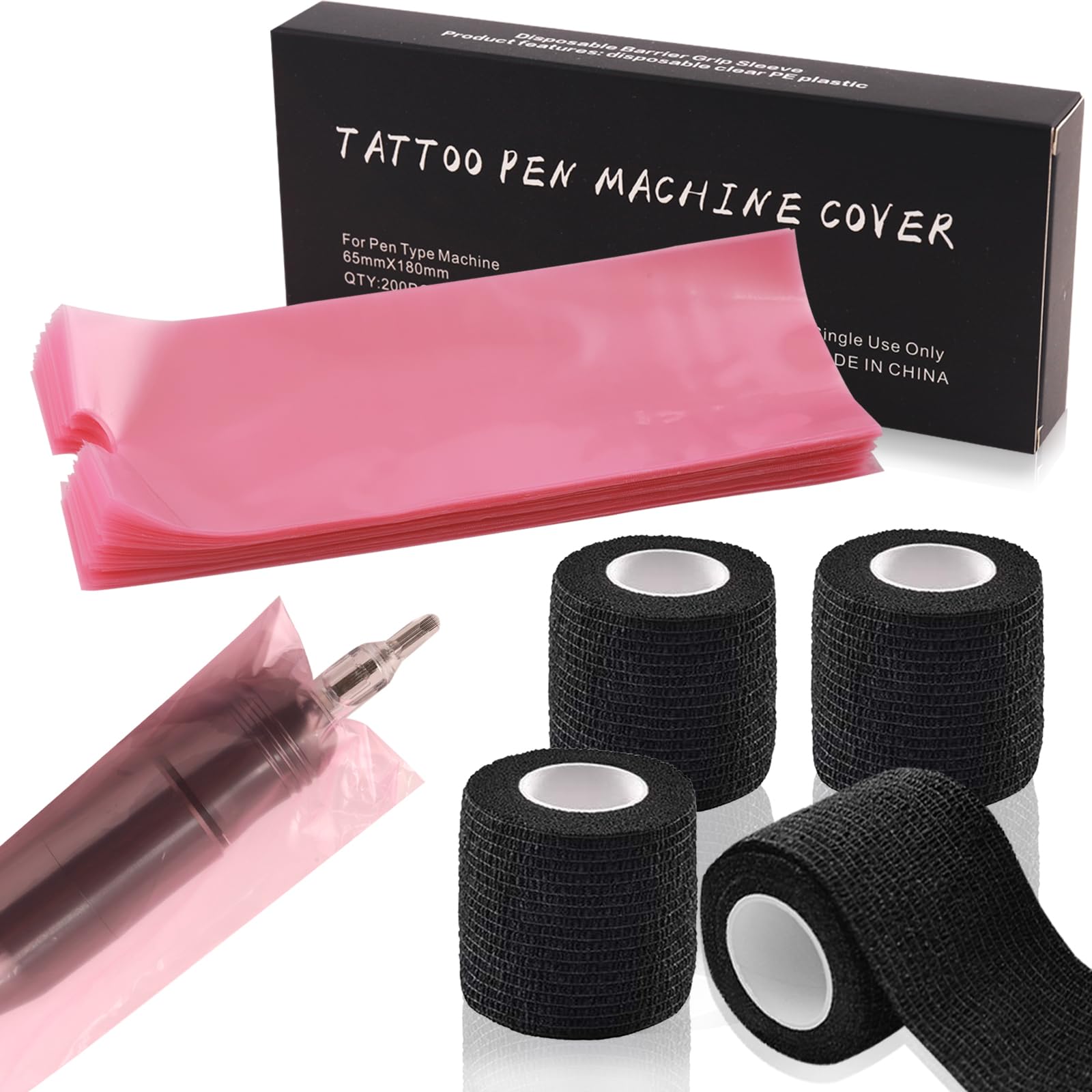 Rayyl 204 Pcs Grip Tape and Pen Bags Accessories Set - 4 Rolls Grip Tape and 200 Disposable Pen Covers for Tattoo (Pink)