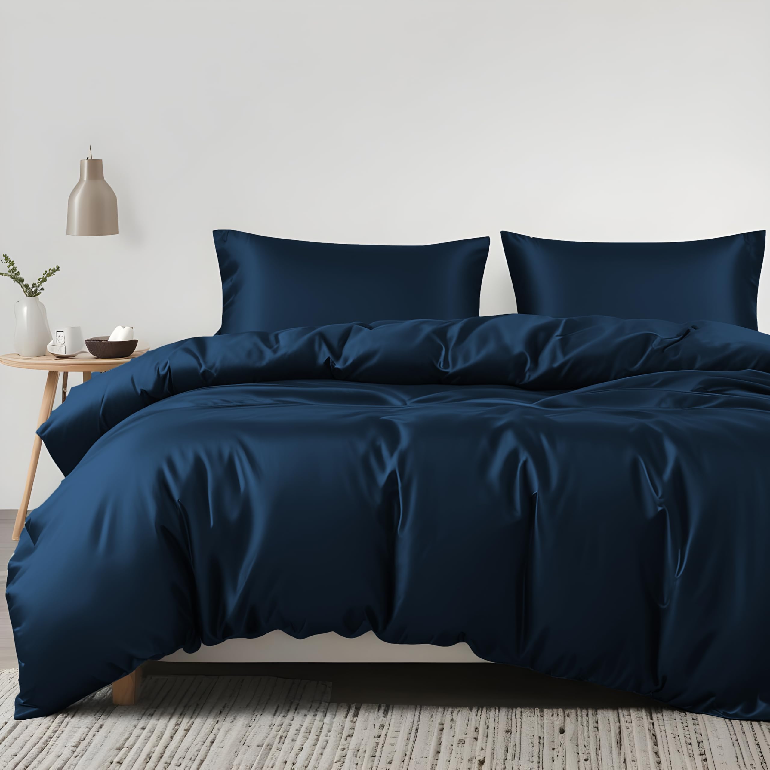 LINENWALAS 100% Organic Eucalyptus Tencel 3pc Duvet Cover Set With Zipper Closure and Corner Ties - Softest Cooling Luxury Bedding Perfect for Hair & Skin (King/Navy Blue)