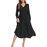 Kormei Womens Boho Floral Long Sleeve Maxi Dress V Neck Empire Waist Fall Wedding Guest Dresses with Pockets