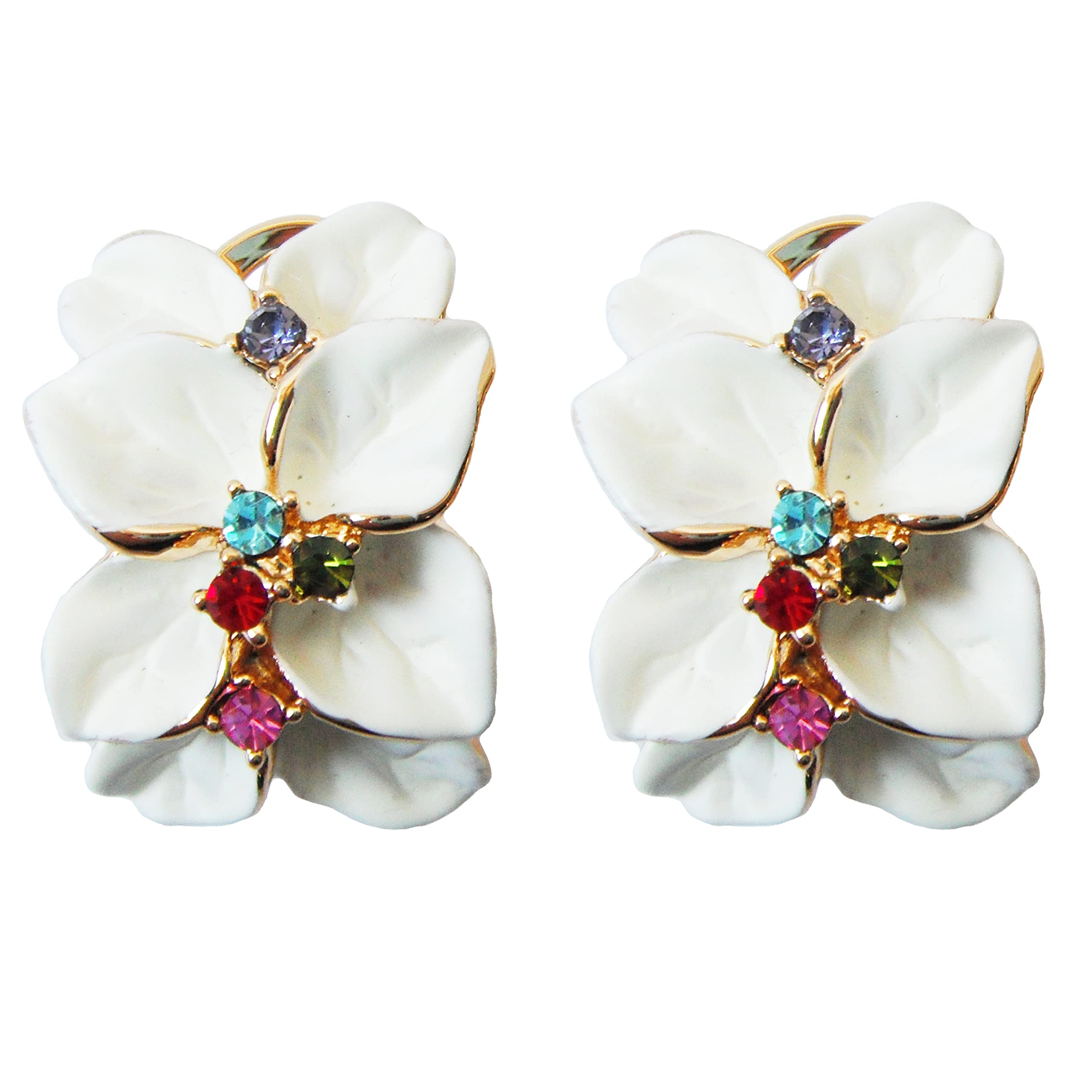 Navachi 18k Gold Plated Colorful Crystal White Enamel Leaves Flower Az1510e Omega Earrings