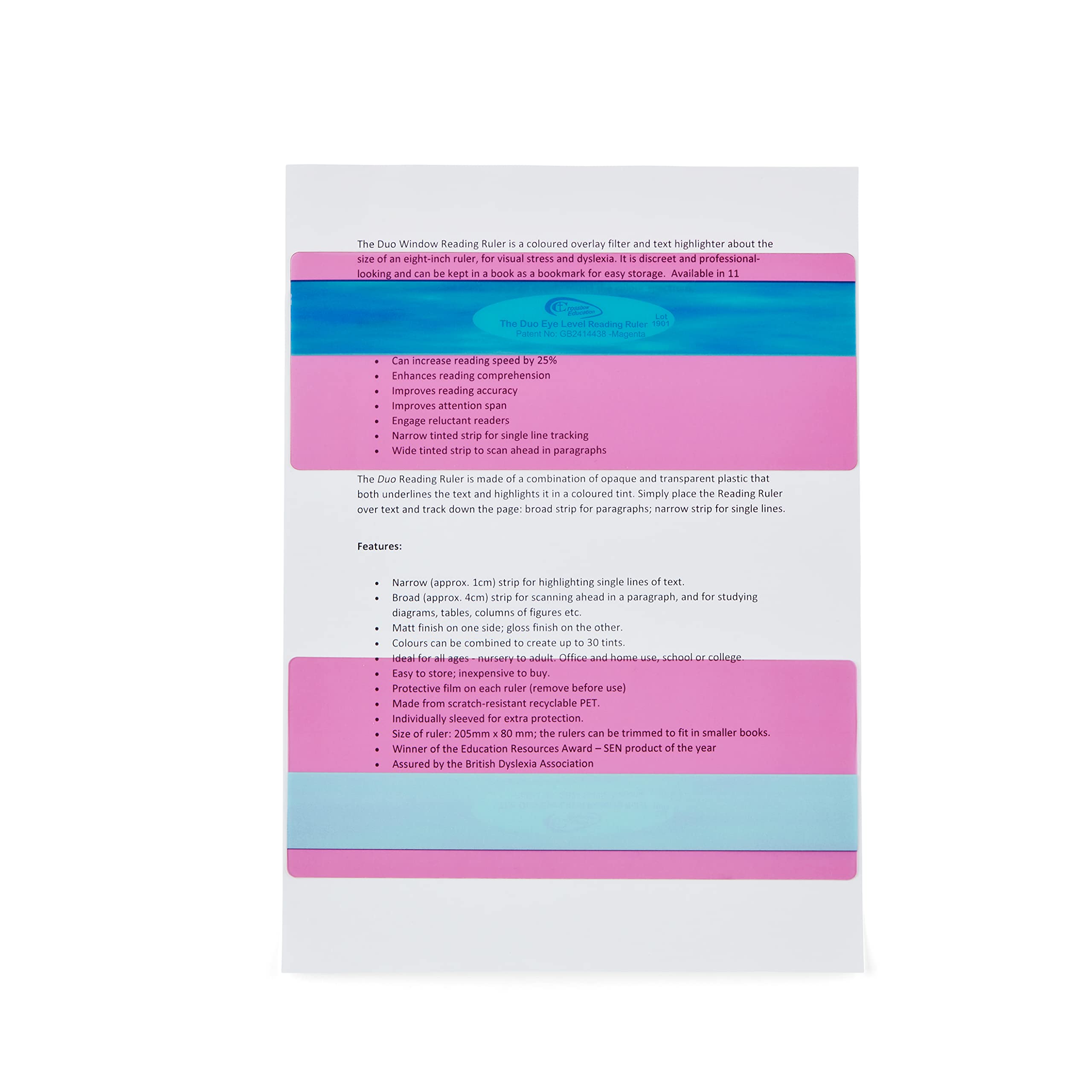 The Original Duo Reading Ruler Overlays - Magenta (Pack of 10) by Crossbow Education UK - Dyslexia Aids and Visual Stress Specialists