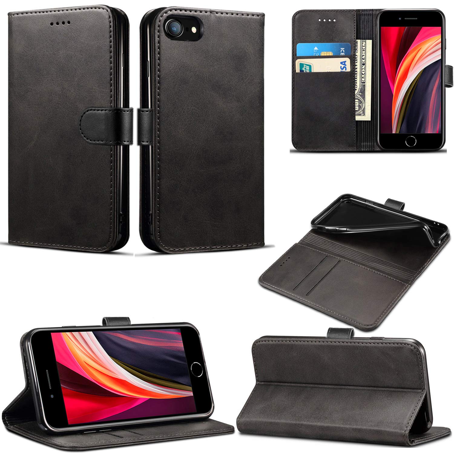 Case for iPhone SE 2022 / iPhone SE 2020, Slim PU Leather Flip Protective Magnetic Wallet Cover With Card Holder and Stand Function Compatible With Apple iPhone SE 2022 / SE 2020 (4.7") (Black)