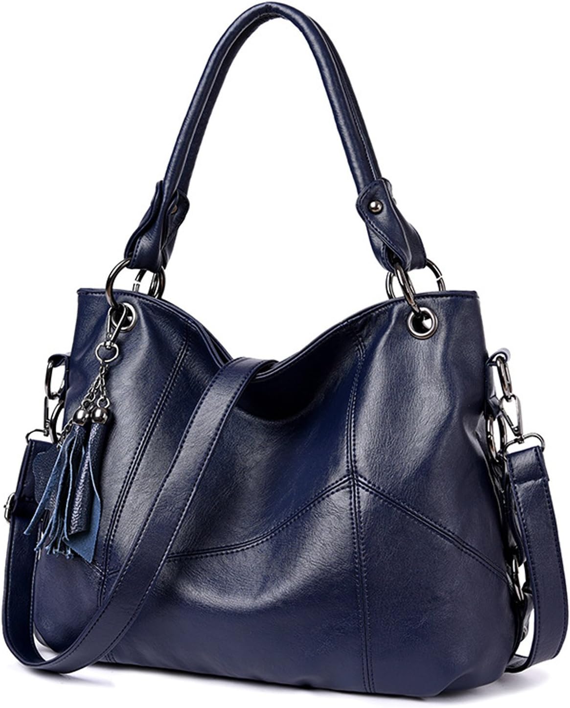 Lustear Soft Leather Handbag Hobo Style Purse Tote Shoulder Bag with Tassel For Women (Navy Blue)