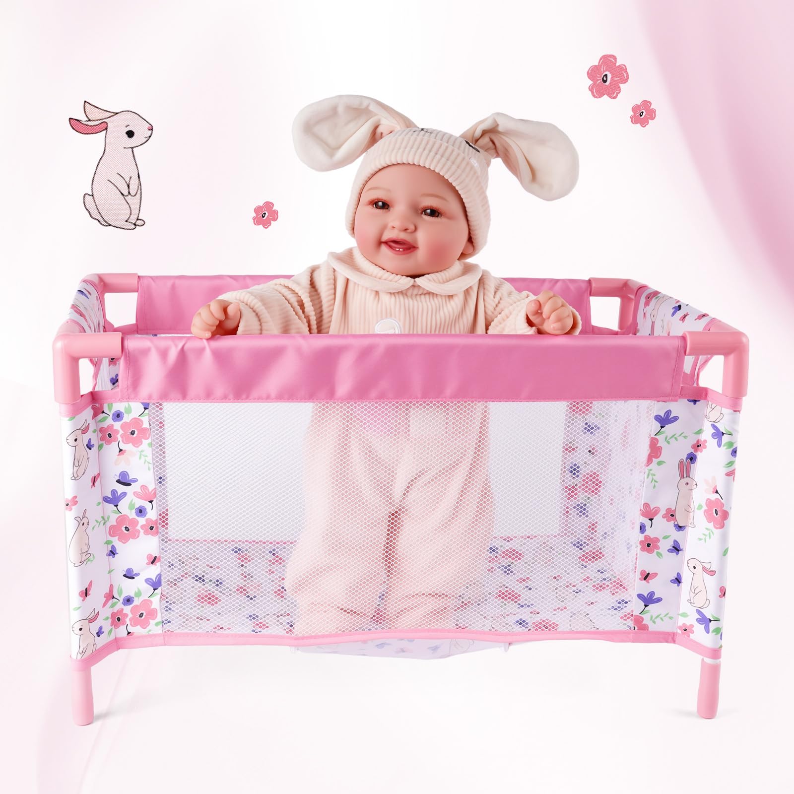 Reborn Baby Dolls Crib, Babys Doll Bed for 18 Inch Baby Dolls, Removable Babys Doll Playpen Toy Crib, Reborn Baby Doll Accessories with Storage Bag, Pack n Play Toy Gift for Kids