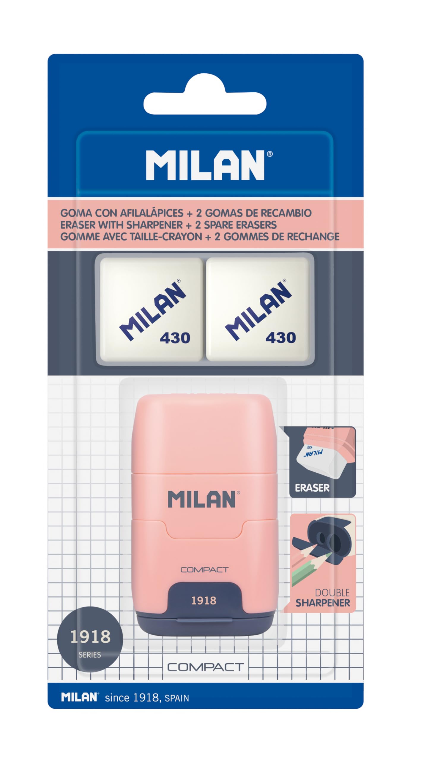 MILAN® Compact 1918 Series Pink Sharpening Blister Pack + 2 Replacement Erasers