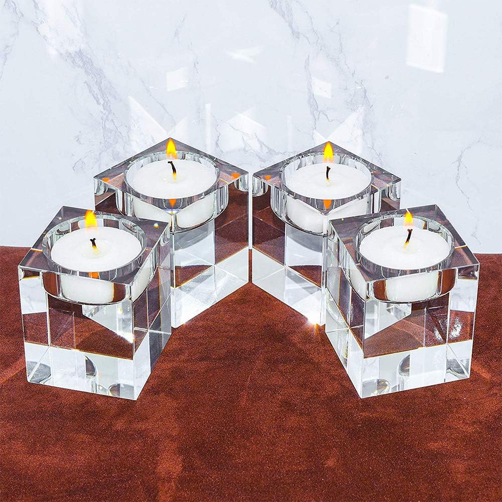 Odowalker Clear Crystal Candle Holders Tea Light Holders Candleholders Candlesticks Romantic Elegant Centerpieces Solid Square for Wedding and Anniversary Home Décor Candlelight (4pcs 2×2×1.6 inch): Home & Kitchen