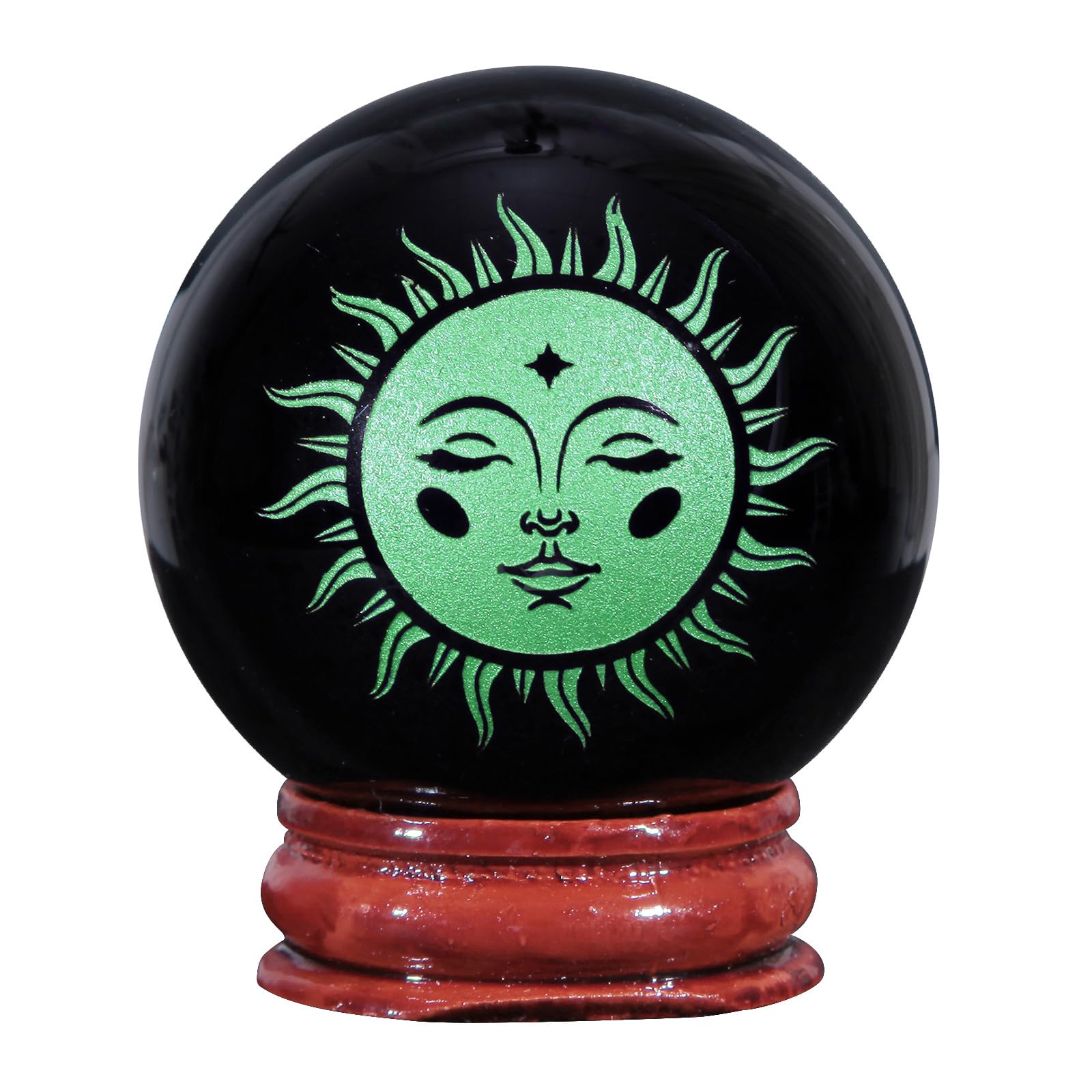 Nupuyai 1.9" Engraved Symbol Obsidian Crystal Ball with Stand, Polished Feng Shui Crystal Sphere Stone Ornament Home Office Decor, Sun God, Green