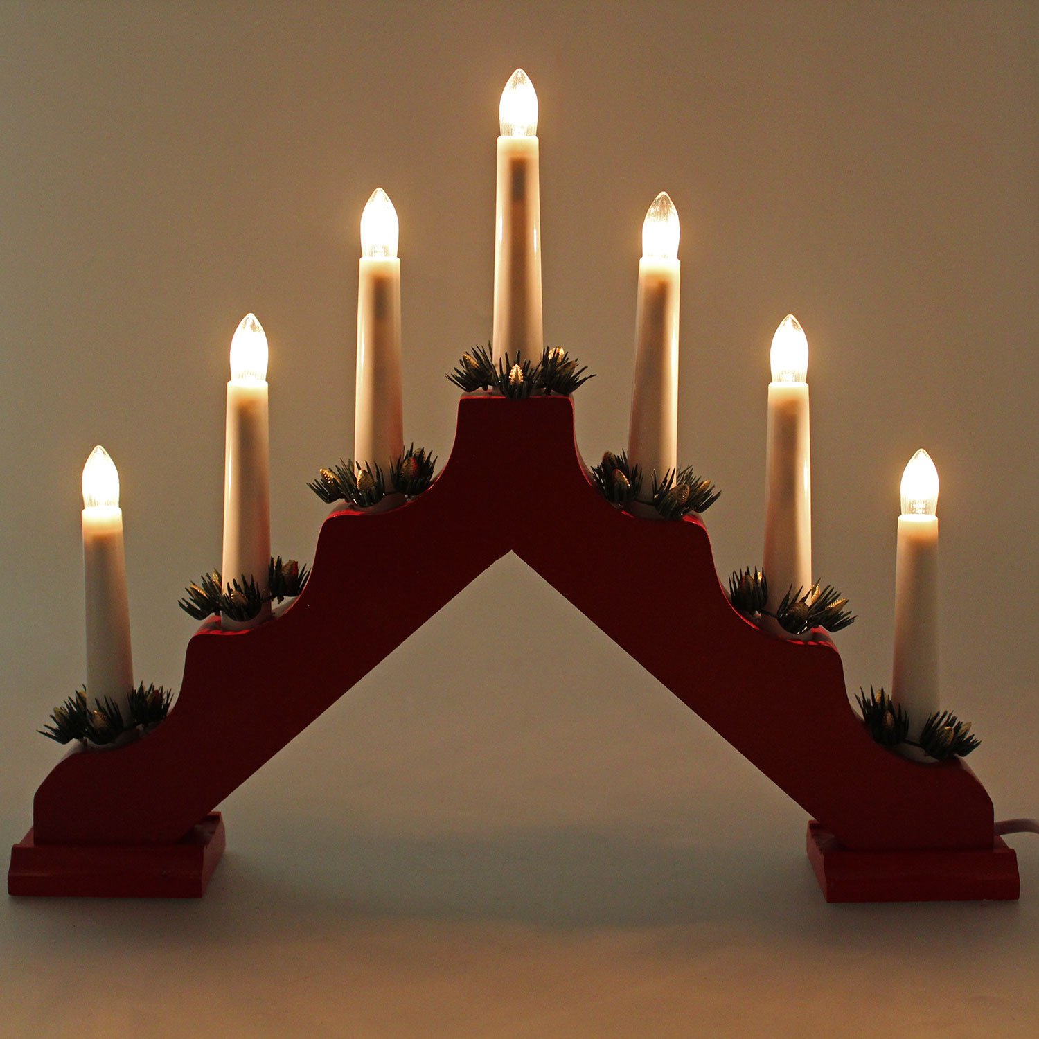 Red Pine PreLit Wooden Candle Bridge Window Table Christmas Decoration