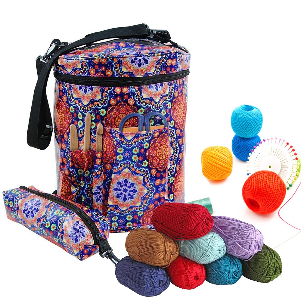 Knitting Bag for Yarn and Wool Storage, Eleoption Premium Large Knitting Tote Bag for Organizing of Crochet and Knitting Yarn, Crochet Patterns and Hooks, Crochet Needles and Wool (Mandala)