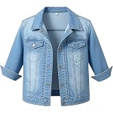 Women's 3/4 Sleeve Distress Slim Crop Denim Jean Trucker Jacket | Cropped Jean Jacket 3/4 Sleeves Classic Fold-Down Collar Chest Pockets Trendy Boyfriend Fall Coat