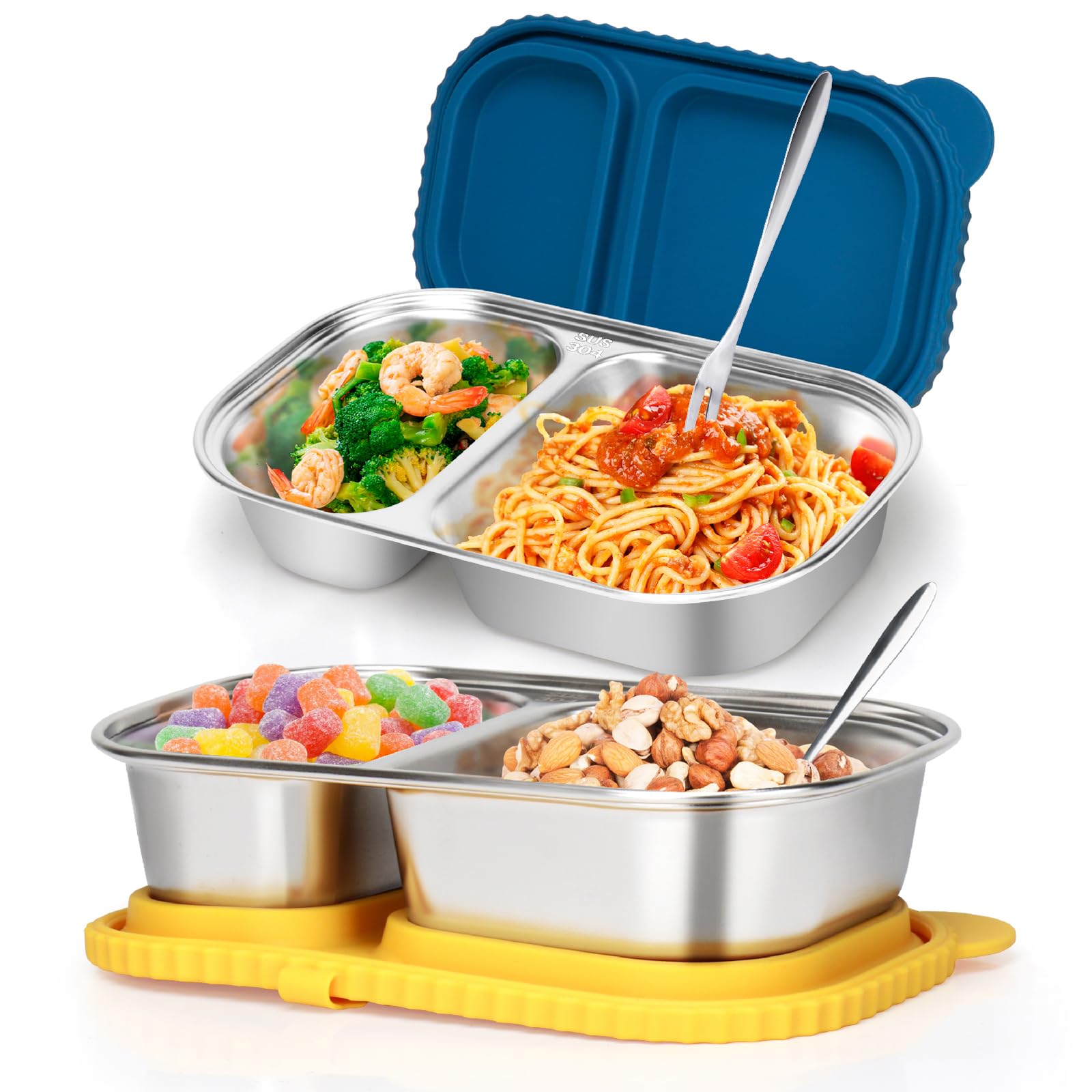 Photo 1 of 2 Pack Stainless Steel Snack Containers with Silicone Lids - Leakproof 2 Compartment Snack Box, Stainless Steel Forks,Reusable,Divided,Safe Food Storage Containers for Adult,Kids,School,Travel,Gift