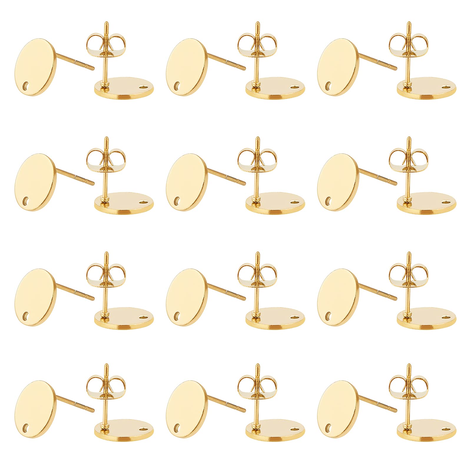 UNICRAFTALE 20pcs 10mm Golden Flat Round Stud Earrings Stainless Steel Ear Studs with Hole Earring Post with Ear Nuts Earring Components 0.8mm Pin for DIY Jewelry Making