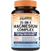 Vitalibre 15 in 1 Magnesium Complex 510mg for Women &amp; Men, 120 Capsules | Maximum Absorption Magnesium Glycinate, Malate, Taurate, Citrate and More for Bones, Heart, Recovery, Energy | Non-GMO