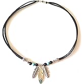 Double Strand Suede Feather Necklace Genuine Turquoise And Black Onyx 18 Inch Boho Western Jewelry