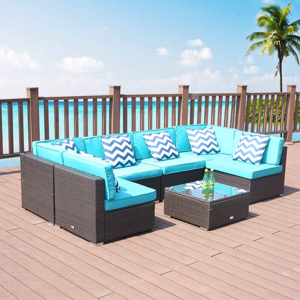 LUCKWIND Patio Conversation Sectional Sofa Chair Table - 7 Piece All-Weather Brown Wicker Rattan Seating Cushion Patio Ottoman Modern Glass Coffee Table Outdoor Accend Pillow 300lbs