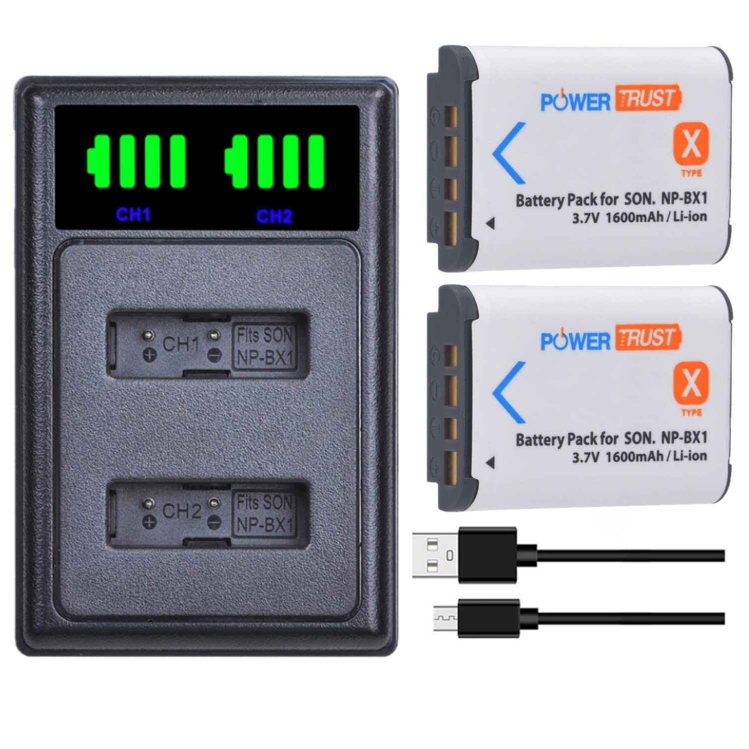 PowerTrust 2x NP-BX1 Batteries with LED Dual Charger for Sony ZV-1, ZV-1F, RX100 IV, RX100 V, RX100VI, RX100VII, HX60, AS50, X3000, HX400V, RX1, AS100V, WX350, HX50 Cameras