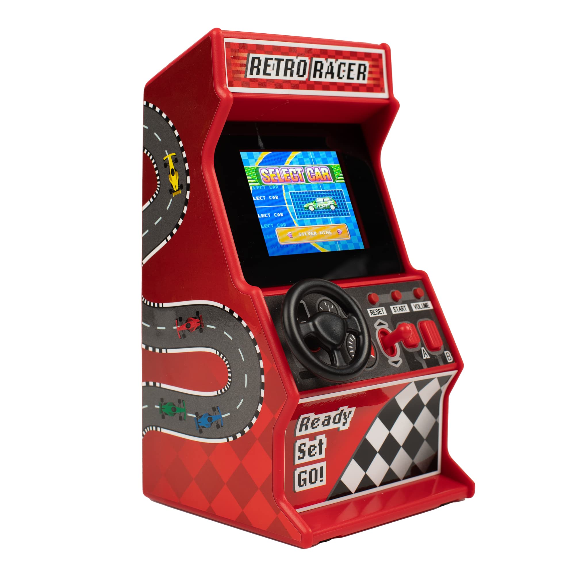 Photo 1 of Thumbs Up Mini Arcade Racing Machine: Handheld Console with 30 Pre-Loaded 8-Bit Games, 2.4" LCD Screen, Steering Wheel, Gear Stick, Control Buttons, Games Console