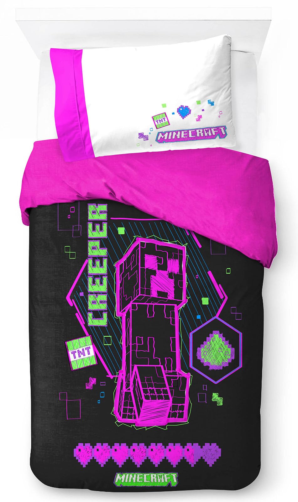 Jay Franco Minecraft Neon Creeper 100% Cotton Single Duvet Cover Set - Includes 50 x 70cm Pillowcase
