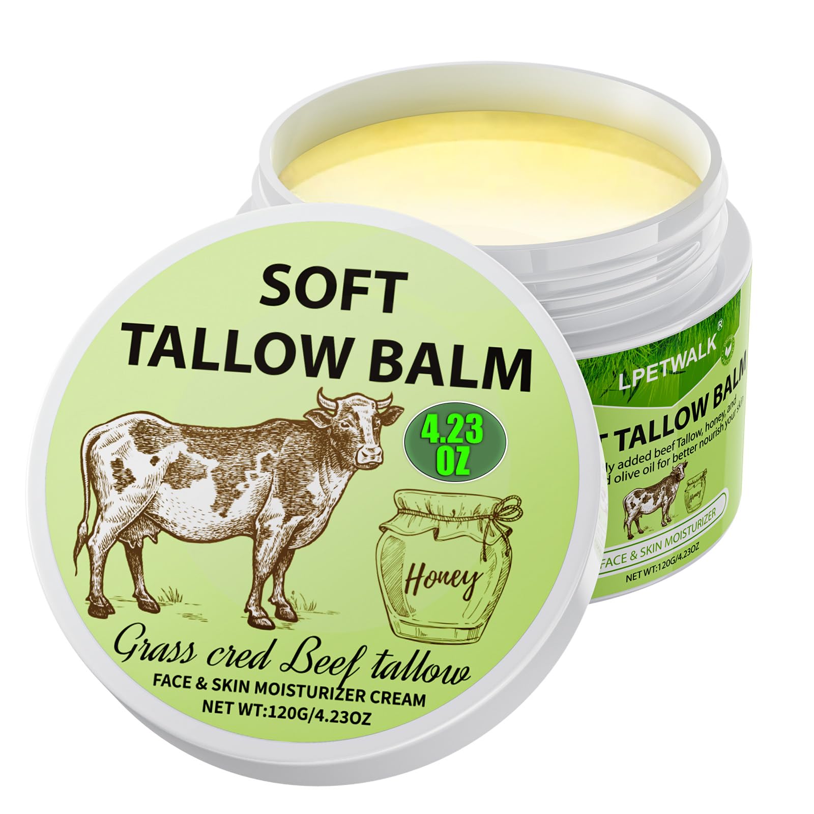 Photo 1 of *Exp 10/14/2027* *2 Pack* LPETWALK 4.2 oz Whipped Beef Tallow and Honey Balm - Organic Grass Fed Beef Tallow for Face Skin - Beef Tallow Face Cream - Natural Tallow Face Moisturizer - Moisturizer Body Skin Care for All Skin