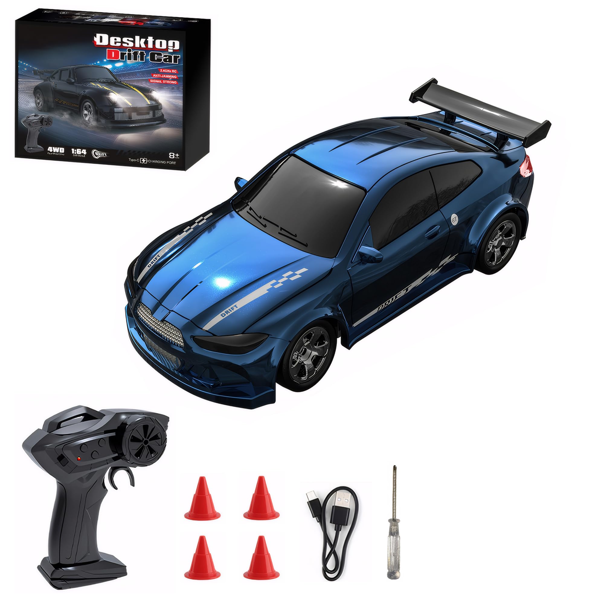 Photo 1 of OMAKCOO Mini RC Drift Car with Lights, 1:64 4WD 2.4GHz Remote Control Car for Kids Adults (Blue)