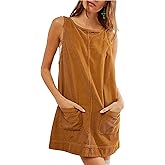 TBA Corduroy Overall Dress for Women Round Neck Skirtall Jumper A Line Mini Romper Pinafore with Pockets