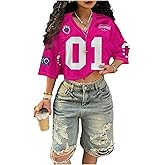 WDIRARA Women's Jersey Shirts Number Graphic Tees V Neck Half Sleeve Oversized Crop Tops